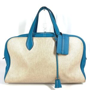 HERMES Victoria 43 Boston Bag Hand Bag Toile H / Leather Blue gene blue/Beige