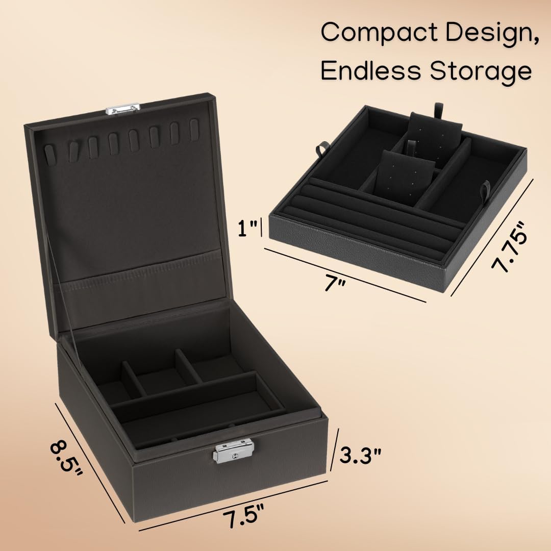 Prestige & Fancy 2 Layer Woman Jewelry Box, Jewelry Organizer For Woman, Men & Girls Large Case 8.5x7.5x3.3in | PU Leather Jewelry Gift Storage Boxes For Ring (Black) - Image 3