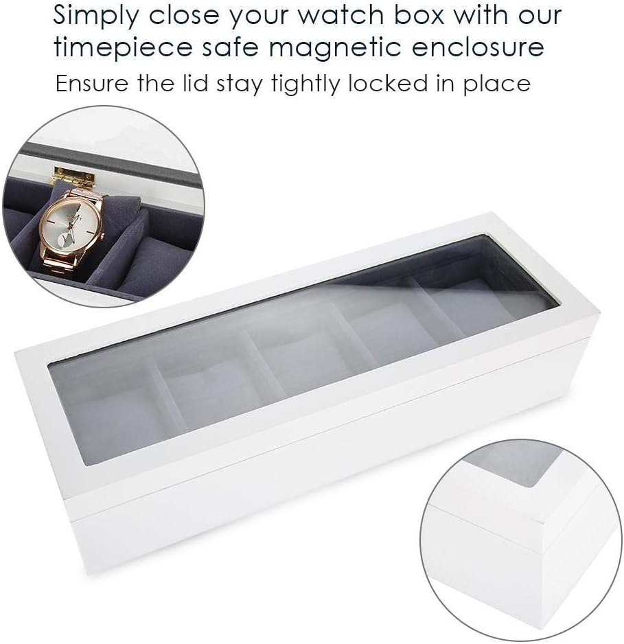 Watch Box Display Case for Men, 5 Slot Glass Storage Box Organizer Watch Jewelry Display Box(White) - Image 7