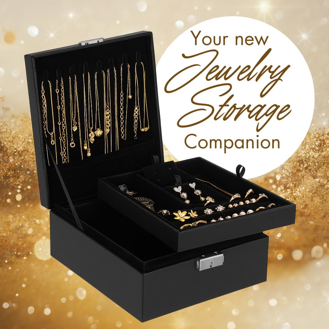 Prestige & Fancy 2 Layer Woman Jewelry Box, Jewelry Organizer For Woman, Men & Girls Large Case 8.5x7.5x3.3in | PU Leather Jewelry Gift Storage Boxes For Ring (Black) - Image 7