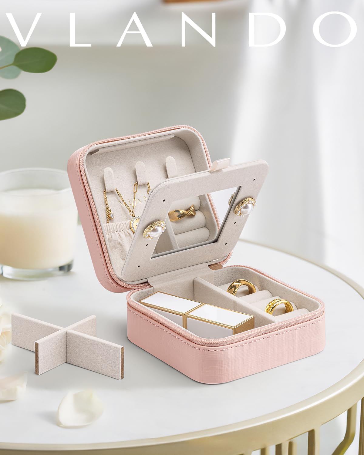 Vlando Small Travel Jewelry Box Organizer - Display Case for Girls Women Gift Rings Earrings Necklaces Storage with Mirror, Pink - Image 9
