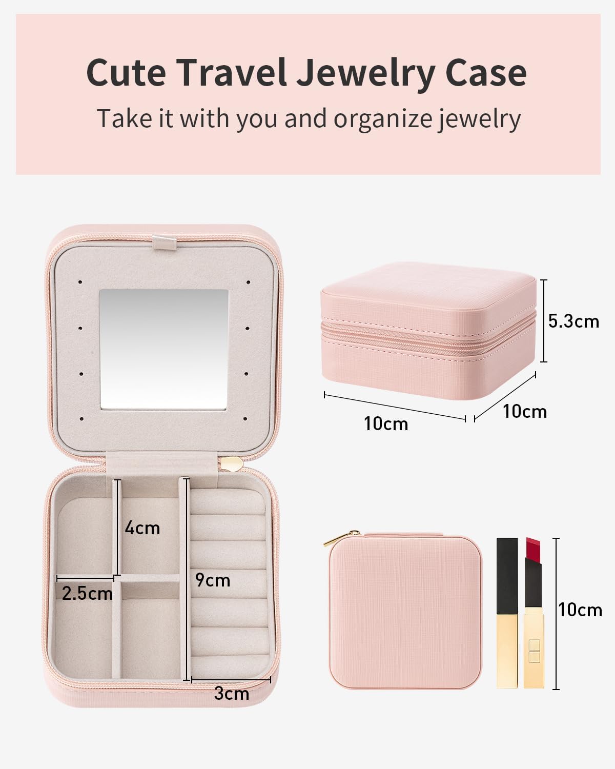 Vlando Small Travel Jewelry Box Organizer - Display Case for Girls Women Gift Rings Earrings Necklaces Storage with Mirror, Pink - Image 8
