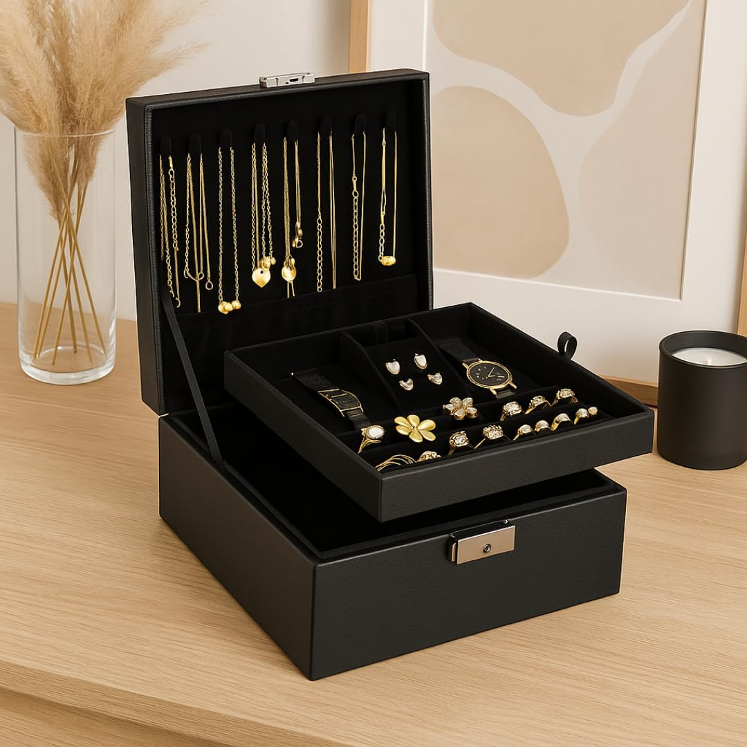 Prestige & Fancy 2 Layer Woman Jewelry Box, Jewelry Organizer For Woman, Men & Girls Large Case 8.5x7.5x3.3in | PU Leather Jewelry Gift Storage Boxes For Ring (Black) - Image 5