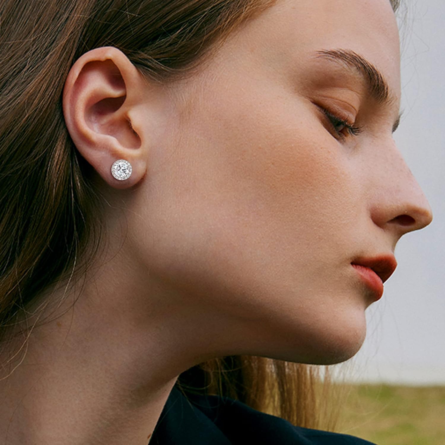 HAIAISO Cubic Zirconia Stud Earrings | 18K White Gold Plated Hypoallergenic Sterling Silver Post Earrings | Brilliant Large CZ Halo Stud Earrings for Women Men - Image 3