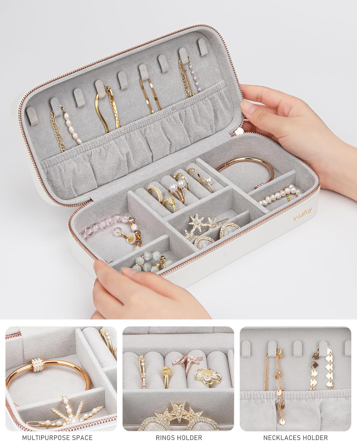 Jewelry Box Small Jewelry Boxes, PU Leather Portable Travel Jewelry Case, Large Capacity for Rings Earrings Necklaces Bracelets Watch, White C - Image 4