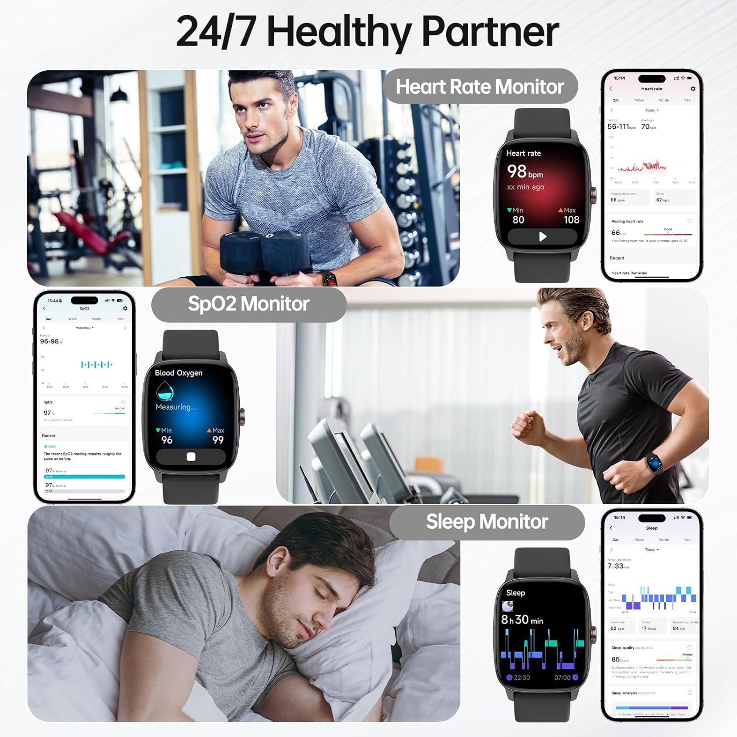 Smart Watch for Men Women, Bluetooth Call Smartwatch with AI Voice, 1.85" HD DIY Dial Fitness Watch, Heart Rate/SpO2/Steps/Sleep Monitor, 100+ Sports Modes, IP68 Waterproof Watch for Android iOS - Image 3