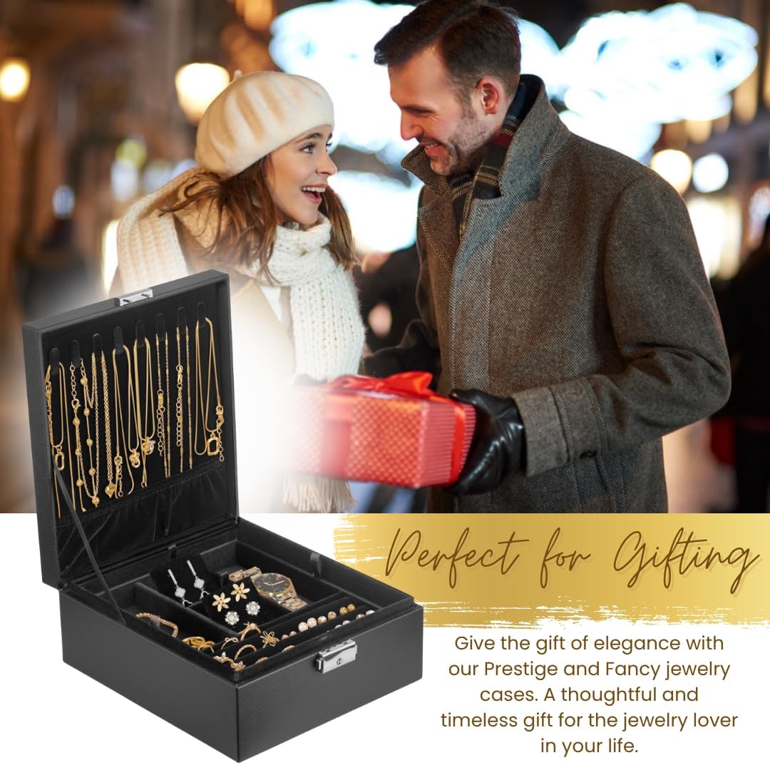 Prestige & Fancy 2 Layer Woman Jewelry Box, Jewelry Organizer For Woman, Men & Girls Large Case 8.5x7.5x3.3in | PU Leather Jewelry Gift Storage Boxes For Ring (Black) - Image 8