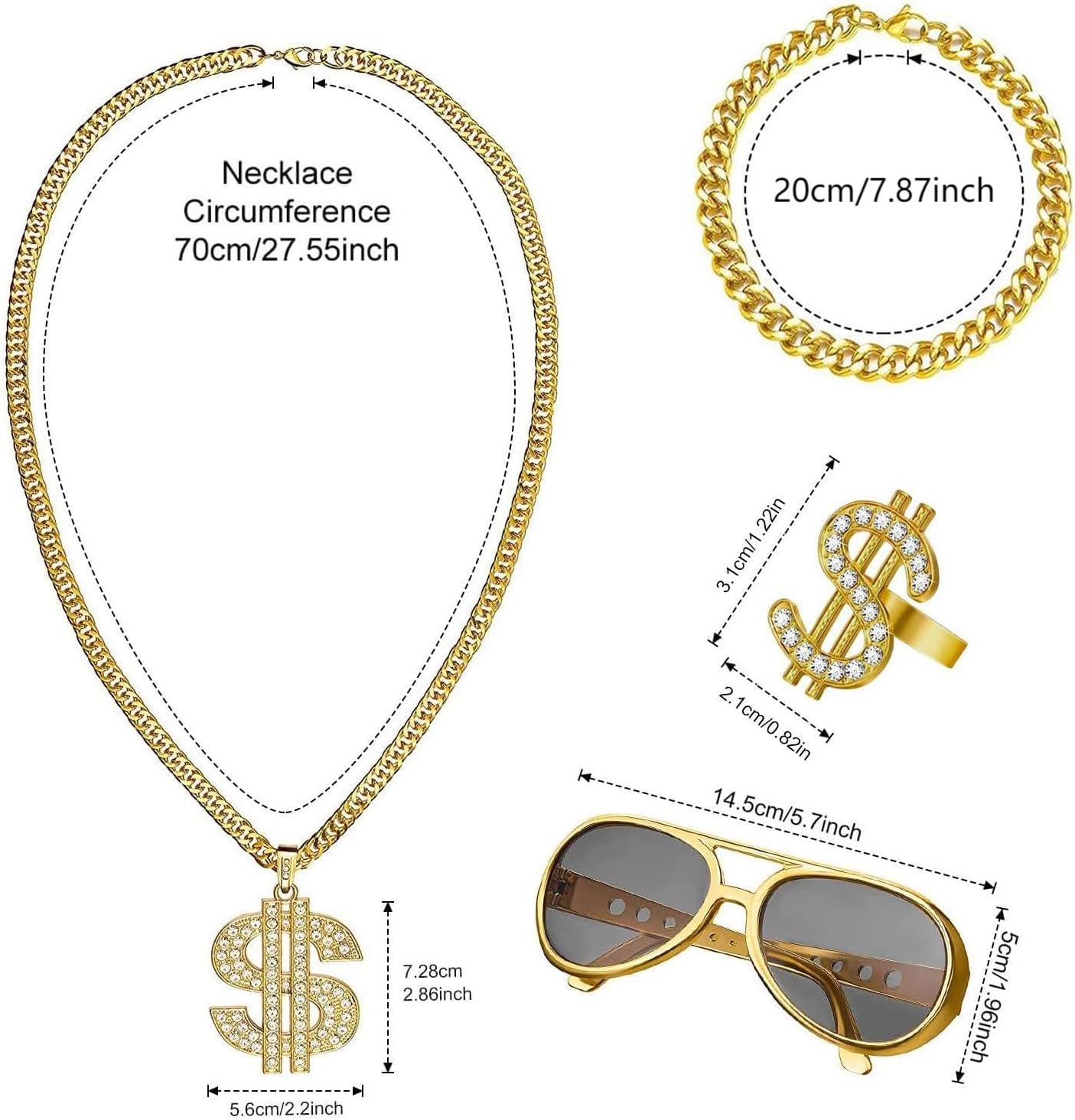 Gold Chains for Men,Vintage Inspired Hip Hop Costume Kit with Mens Gold Chain,Gold Ring,Bracelet and Glasses,Perfect for Parties & Carnivals - Image 2