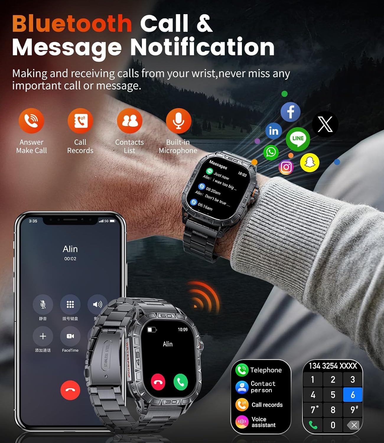 Military Smart Watches for Men Make/Answer Call, 1.96'' AMOLED Display Voice Assistant, Health Tracking, Military Outdoor Tactical Smartwatch with100+ Sport Modes, 5ATM Waterproof Rugged iOS Android - Image 3