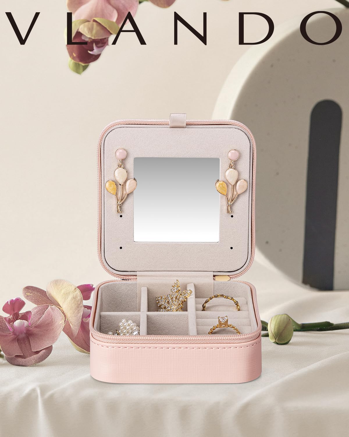 Vlando Small Travel Jewelry Box Organizer - Display Case for Girls Women Gift Rings Earrings Necklaces Storage with Mirror, Pink - Image 2