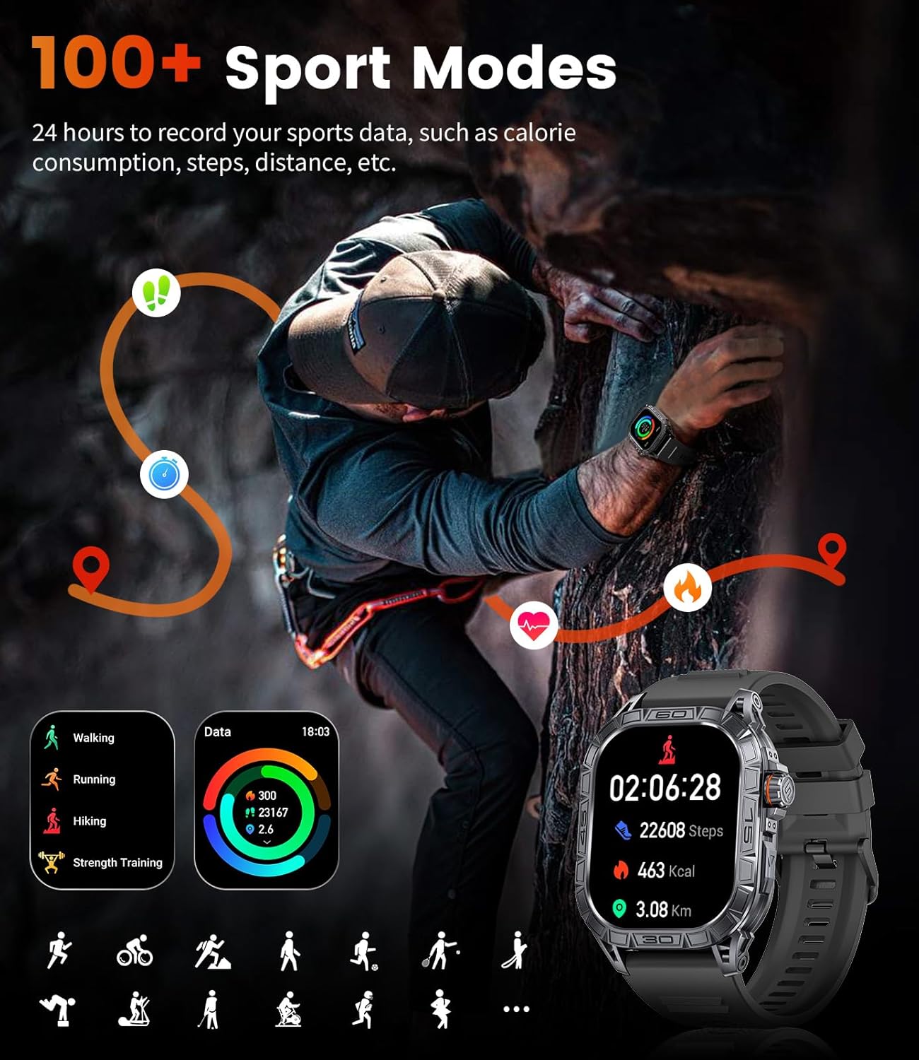 Military Smart Watches for Men Make/Answer Call, 1.96'' AMOLED Display Voice Assistant, Health Tracking, Military Outdoor Tactical Smartwatch with100+ Sport Modes, 5ATM Waterproof Rugged iOS Android - Image 4