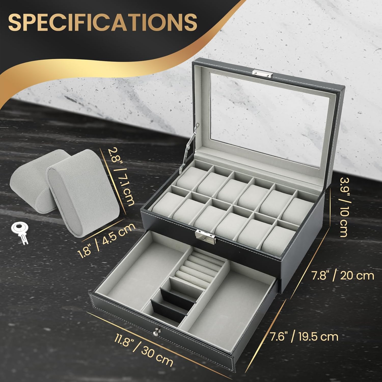 12 Slot PU Leather Lockable Watch Storage Boxes | 2-Tier Organizer Watch Showcase,Men & Women Jewelry Display Drawer Case Display Organizer Earrings Storage Organizer - Image 2