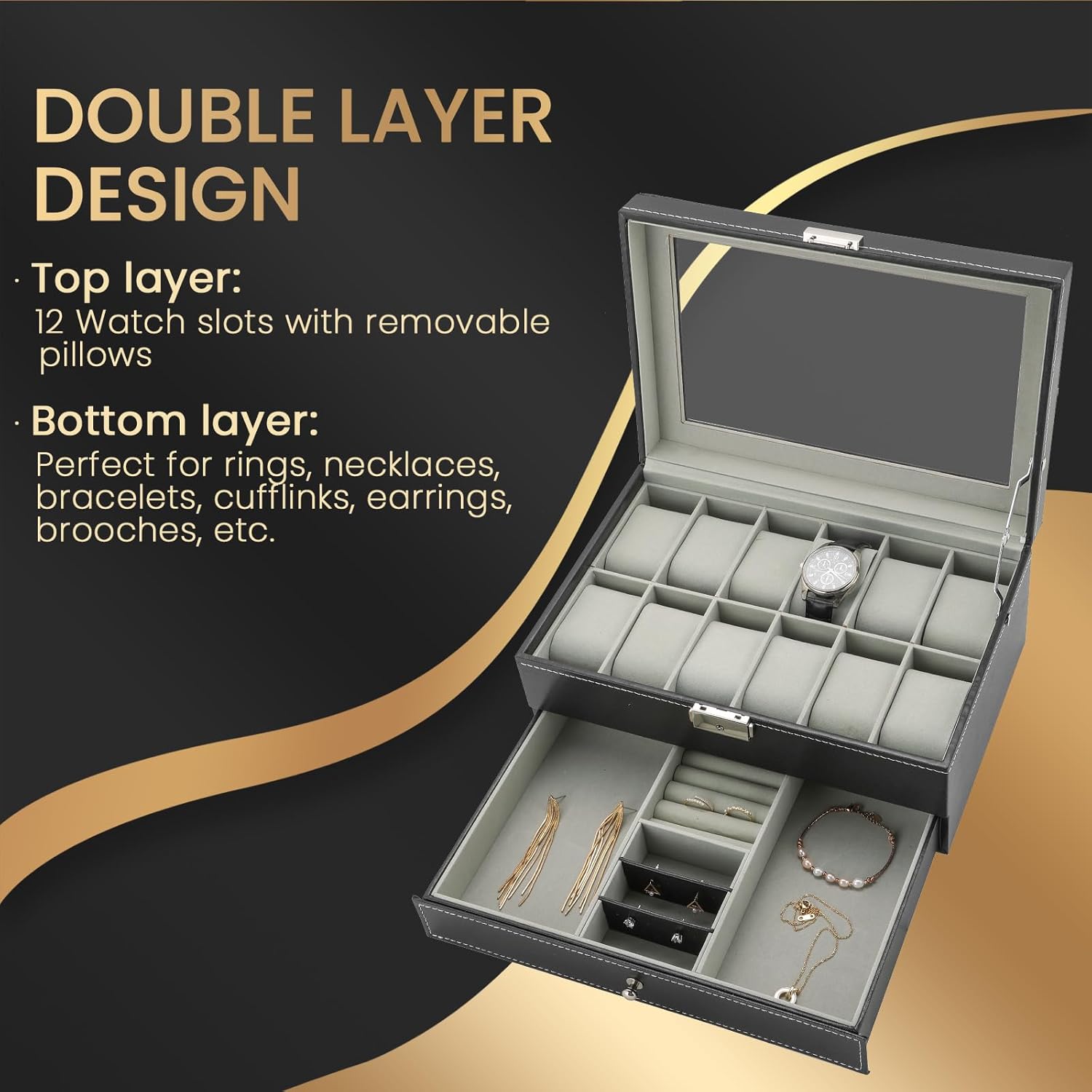 12 Slot PU Leather Lockable Watch Storage Boxes | 2-Tier Organizer Watch Showcase,Men & Women Jewelry Display Drawer Case Display Organizer Earrings Storage Organizer - Image 3