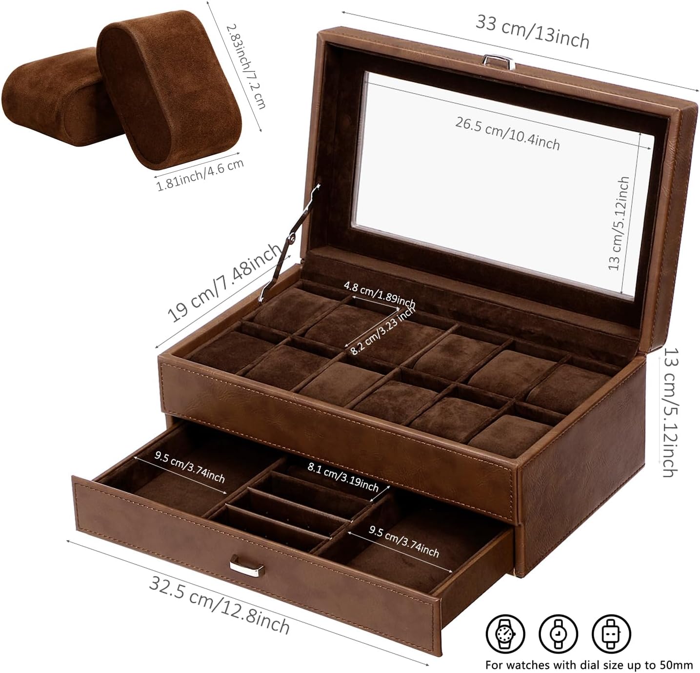 BEWISHOME 12-Slot Watch Box, 2-Layer Watch Case With Large Glass Lid, Mens Jewelry Box, Watch Display Case with Removable Watch Pillows, Watch Holder Organizer Watch Storage for Men Espresso SSH12Z - Image 5