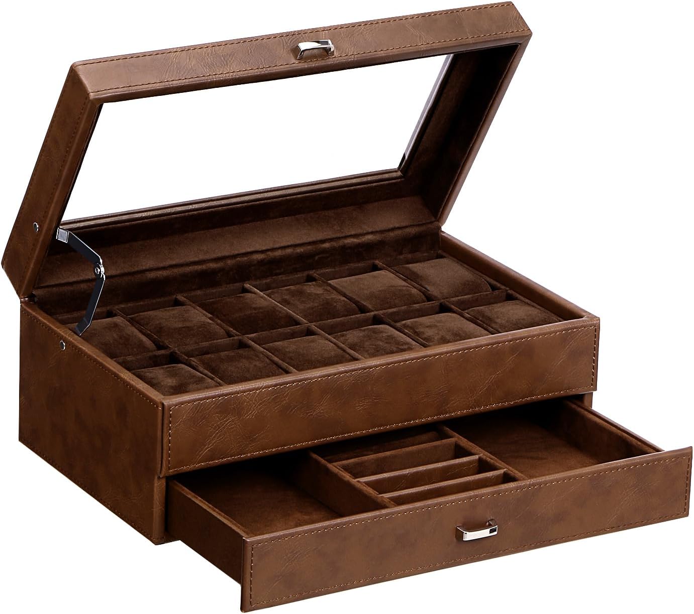 BEWISHOME 12-Slot Watch Box, 2-Layer Watch Case With Large Glass Lid, Mens Jewelry Box, Watch Display Case with Removable Watch Pillows, Watch Holder Organizer Watch Storage for Men Espresso SSH12Z - Image 9