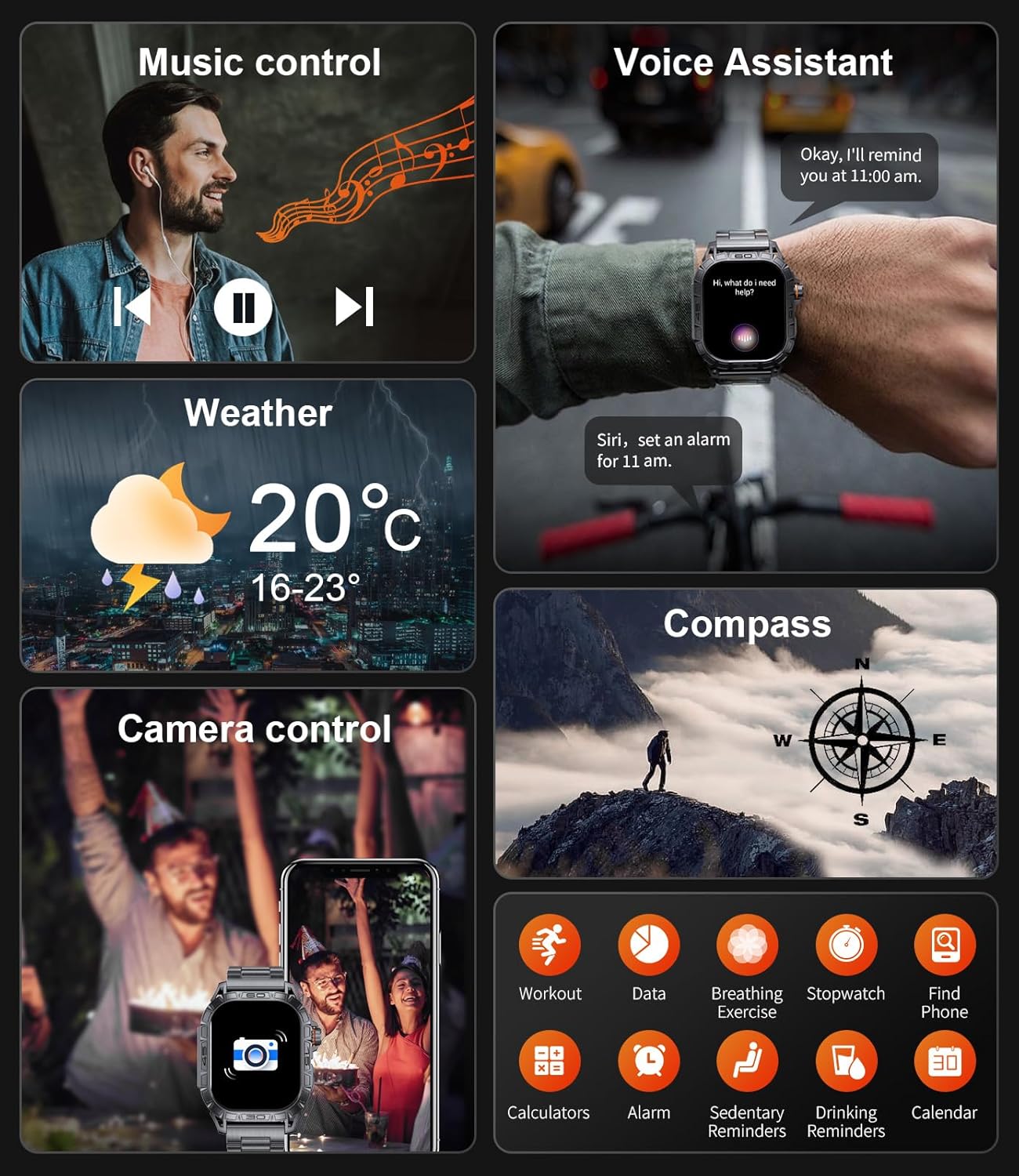 Military Smart Watches for Men Make/Answer Call, 1.96'' AMOLED Display Voice Assistant, Health Tracking, Military Outdoor Tactical Smartwatch with100+ Sport Modes, 5ATM Waterproof Rugged iOS Android - Image 6