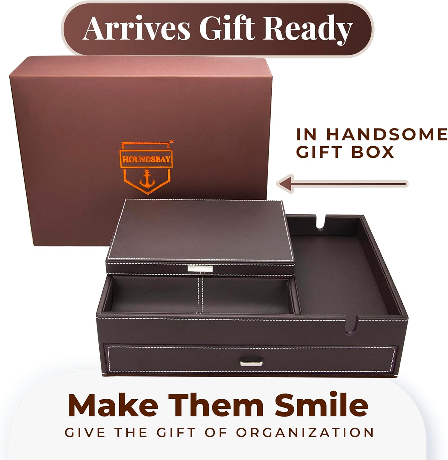HOUNDSBAY Admiral Dresser Valet Box & Mens Jewelry Box Organizer with Large Smartphone Charging Station (Brown) - Image 2