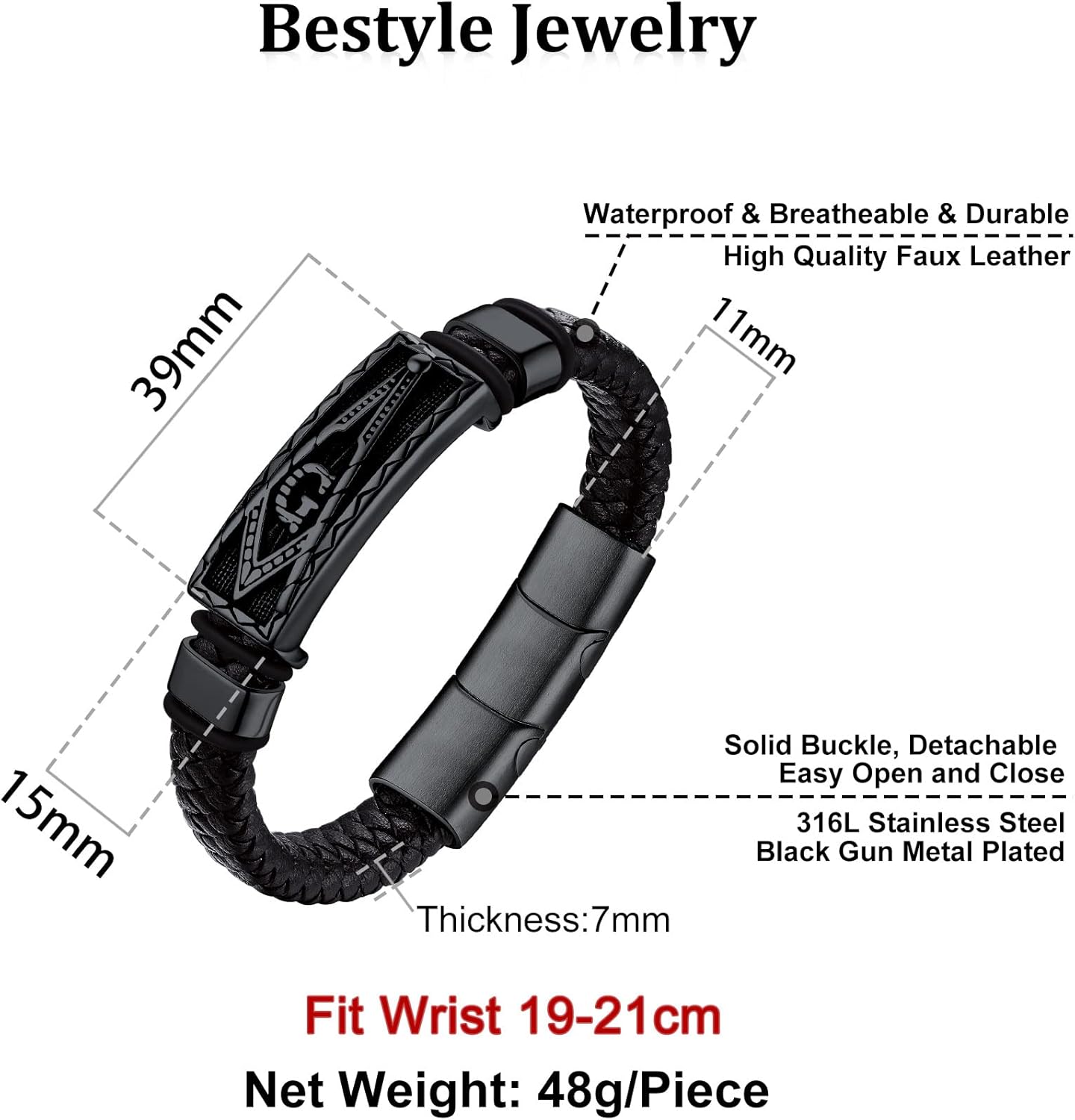 Bestyle Genuine Leather Braided Viking Bracelets for Men s, Vintage Thor's Hammer/Skull/Masonic Freemason Wrap Cuff Wirstband Bracelets with Magnetic Closure - Image 7