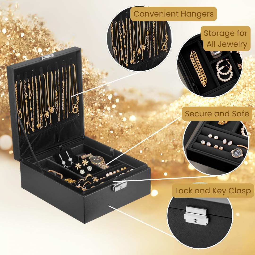 Prestige & Fancy 2 Layer Woman Jewelry Box, Jewelry Organizer For Woman, Men & Girls Large Case 8.5x7.5x3.3in | PU Leather Jewelry Gift Storage Boxes For Ring (Black) - Image 6