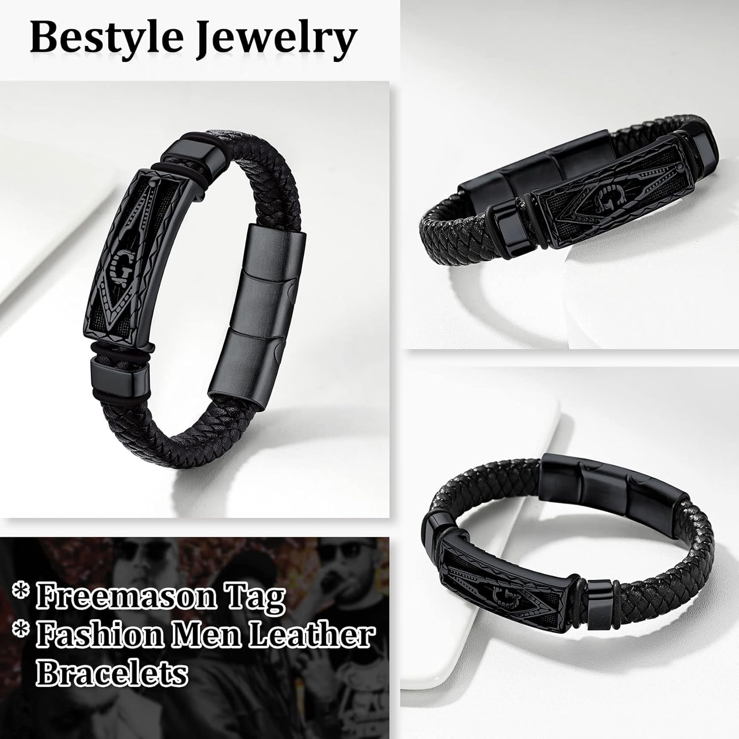 Bestyle Genuine Leather Braided Viking Bracelets for Men s, Vintage Thor's Hammer/Skull/Masonic Freemason Wrap Cuff Wirstband Bracelets with Magnetic Closure - Image 4