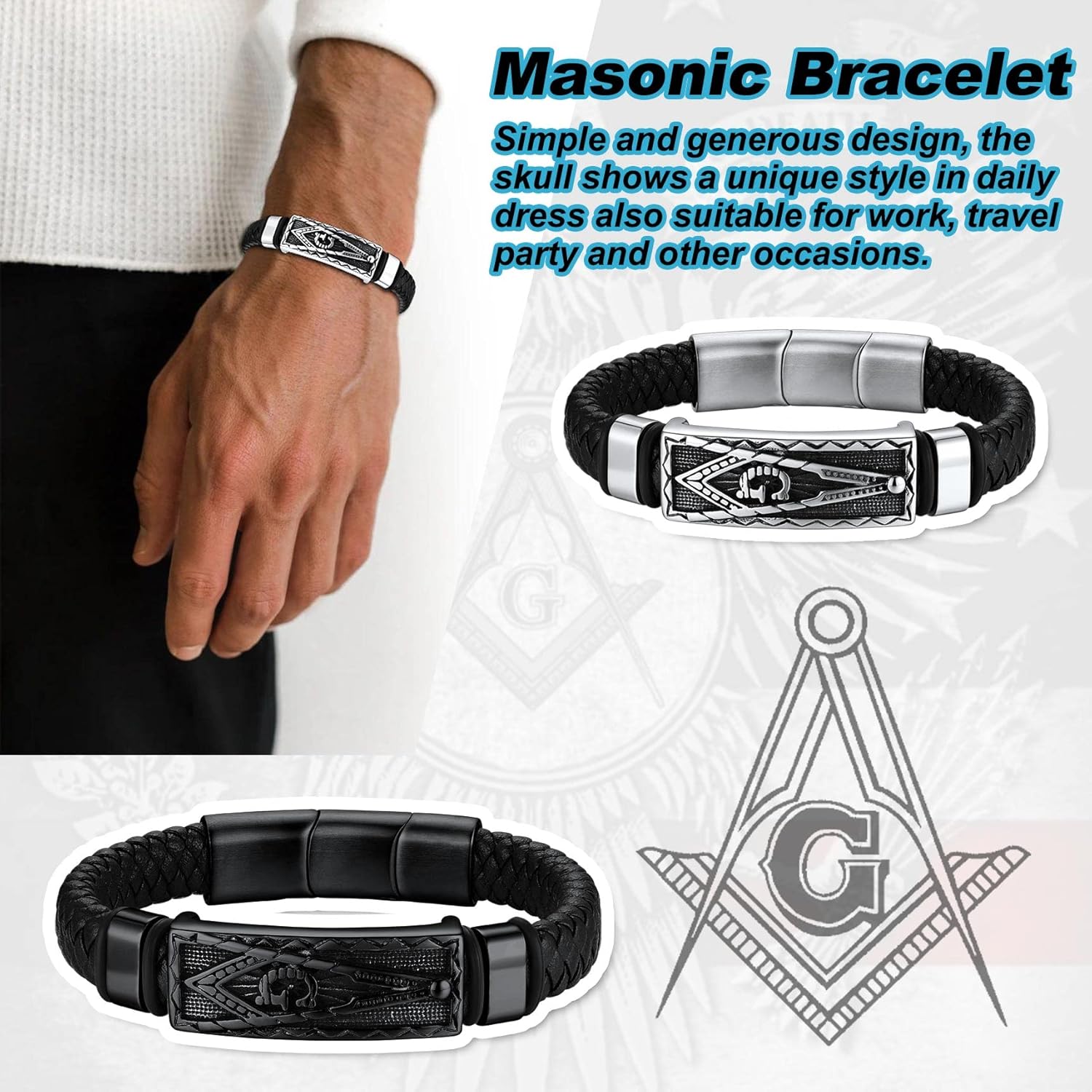 Bestyle Genuine Leather Braided Viking Bracelets for Men s, Vintage Thor's Hammer/Skull/Masonic Freemason Wrap Cuff Wirstband Bracelets with Magnetic Closure - Image 3