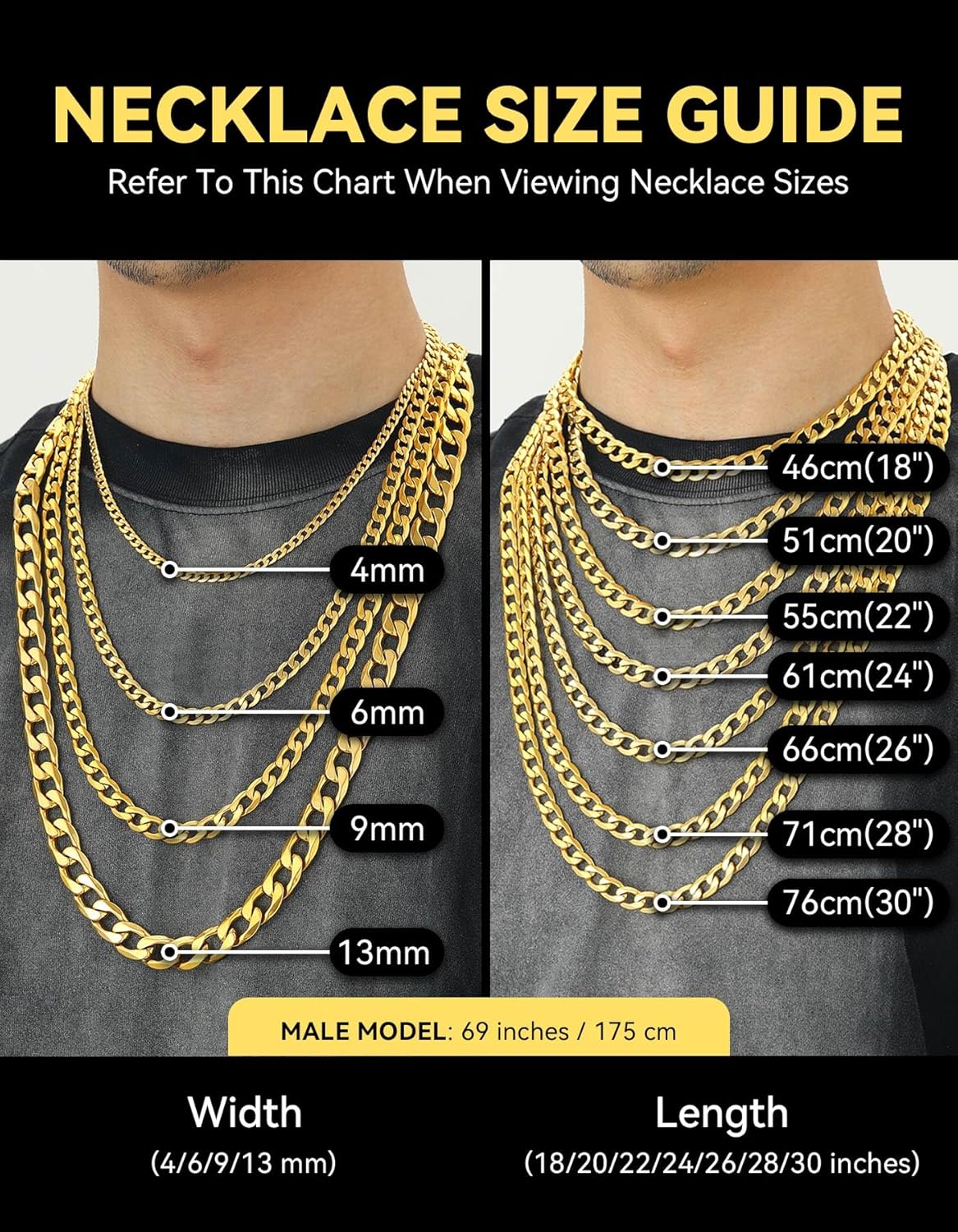 ChainsHouse Chain Cuban Necklace for Men Women, Stainless Steel/Black/14K Gold Plated Curb Link Necklace, 4mm/6mm/9mm/13mm Wide, 14"-30" Length-Send Gift Box - Image 6