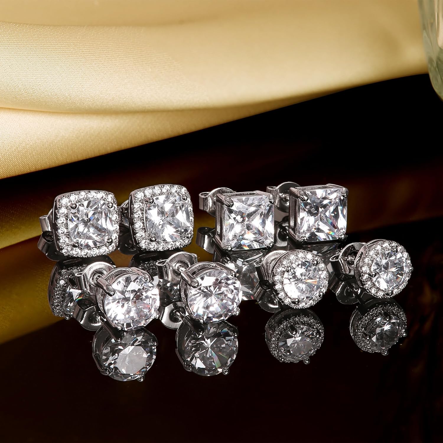 HAIAISO Cubic Zirconia Stud Earrings | 18K White Gold Plated Hypoallergenic Sterling Silver Post Earrings | Brilliant Large CZ Halo Stud Earrings for Women Men - Image 7