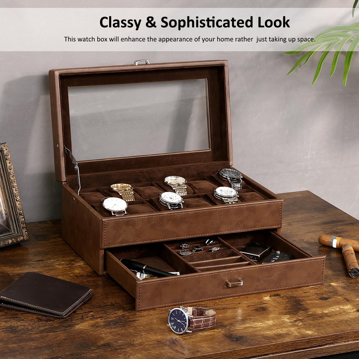 BEWISHOME 12-Slot Watch Box, 2-Layer Watch Case With Large Glass Lid, Mens Jewelry Box, Watch Display Case with Removable Watch Pillows, Watch Holder Organizer Watch Storage for Men Espresso SSH12Z - Image 3
