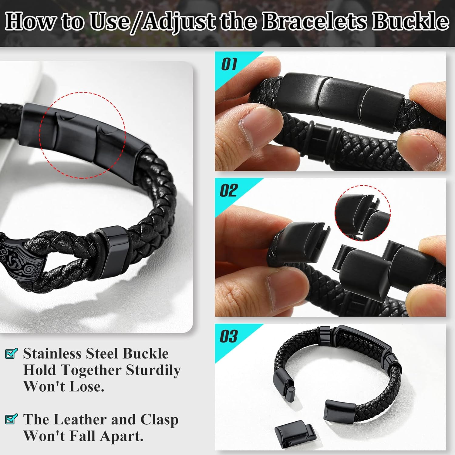 Bestyle Genuine Leather Braided Viking Bracelets for Men s, Vintage Thor's Hammer/Skull/Masonic Freemason Wrap Cuff Wirstband Bracelets with Magnetic Closure - Image 6