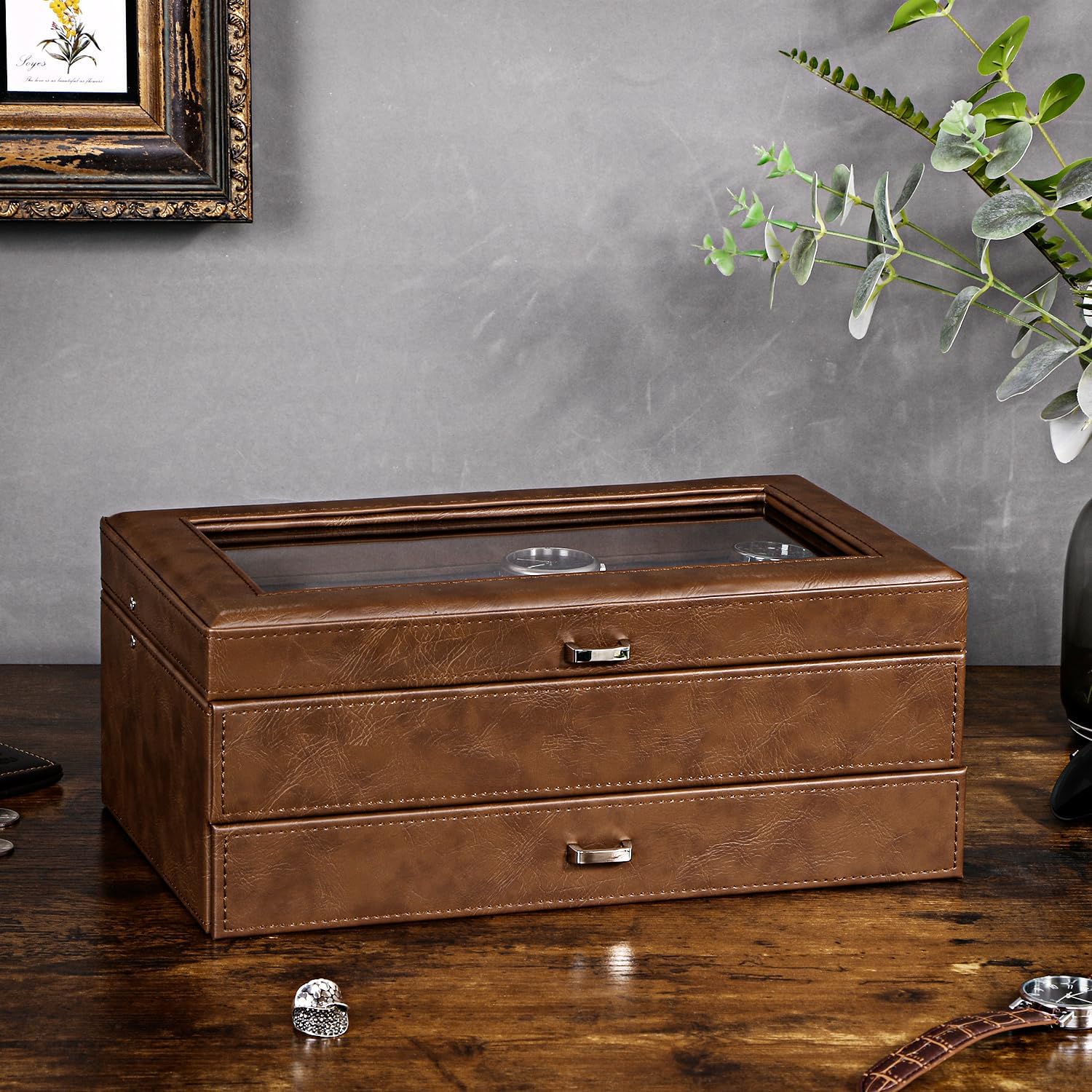 BEWISHOME 12-Slot Watch Box, 2-Layer Watch Case With Large Glass Lid, Mens Jewelry Box, Watch Display Case with Removable Watch Pillows, Watch Holder Organizer Watch Storage for Men Espresso SSH12Z - Image 7