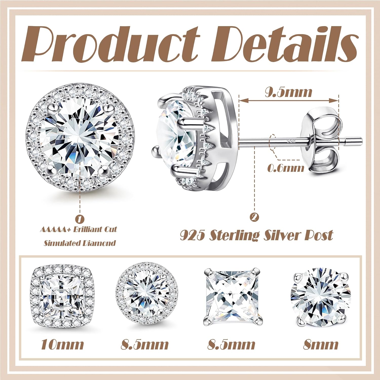 HAIAISO Cubic Zirconia Stud Earrings | 18K White Gold Plated Hypoallergenic Sterling Silver Post Earrings | Brilliant Large CZ Halo Stud Earrings for Women Men - Image 2