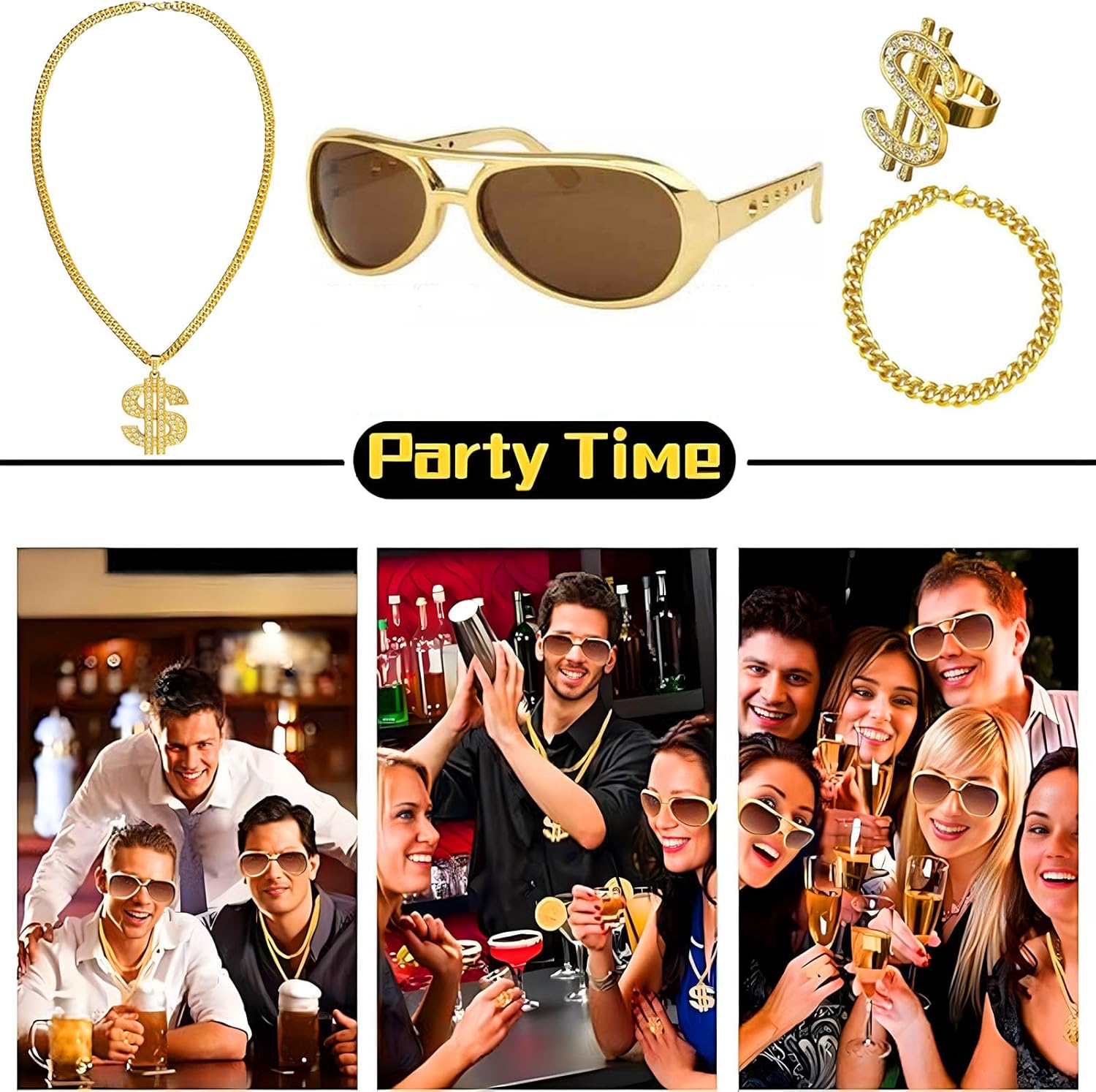 Gold Chains for Men,Vintage Inspired Hip Hop Costume Kit with Mens Gold Chain,Gold Ring,Bracelet and Glasses,Perfect for Parties & Carnivals - Image 4