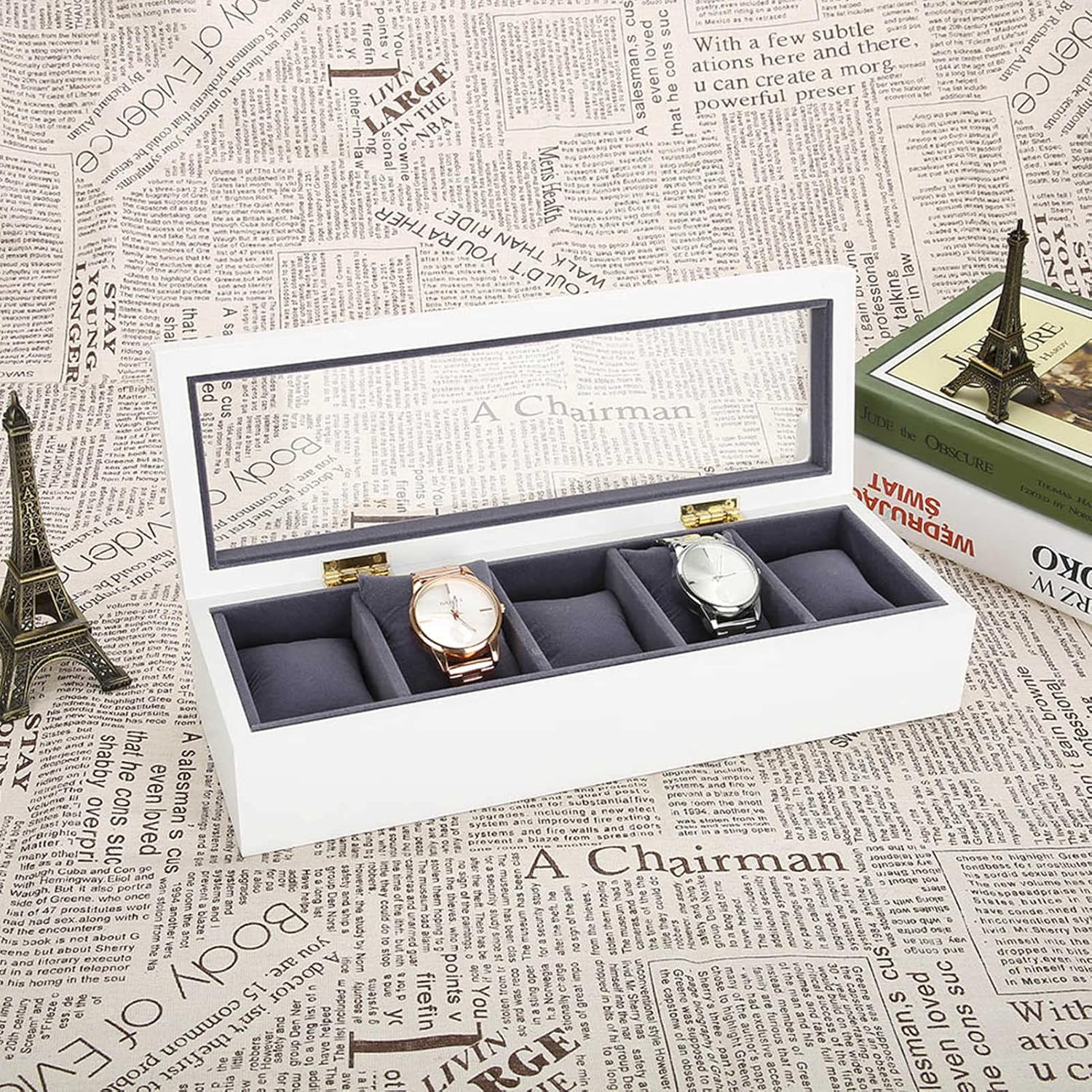 Watch Box Display Case for Men, 5 Slot Glass Storage Box Organizer Watch Jewelry Display Box(White) - Image 2