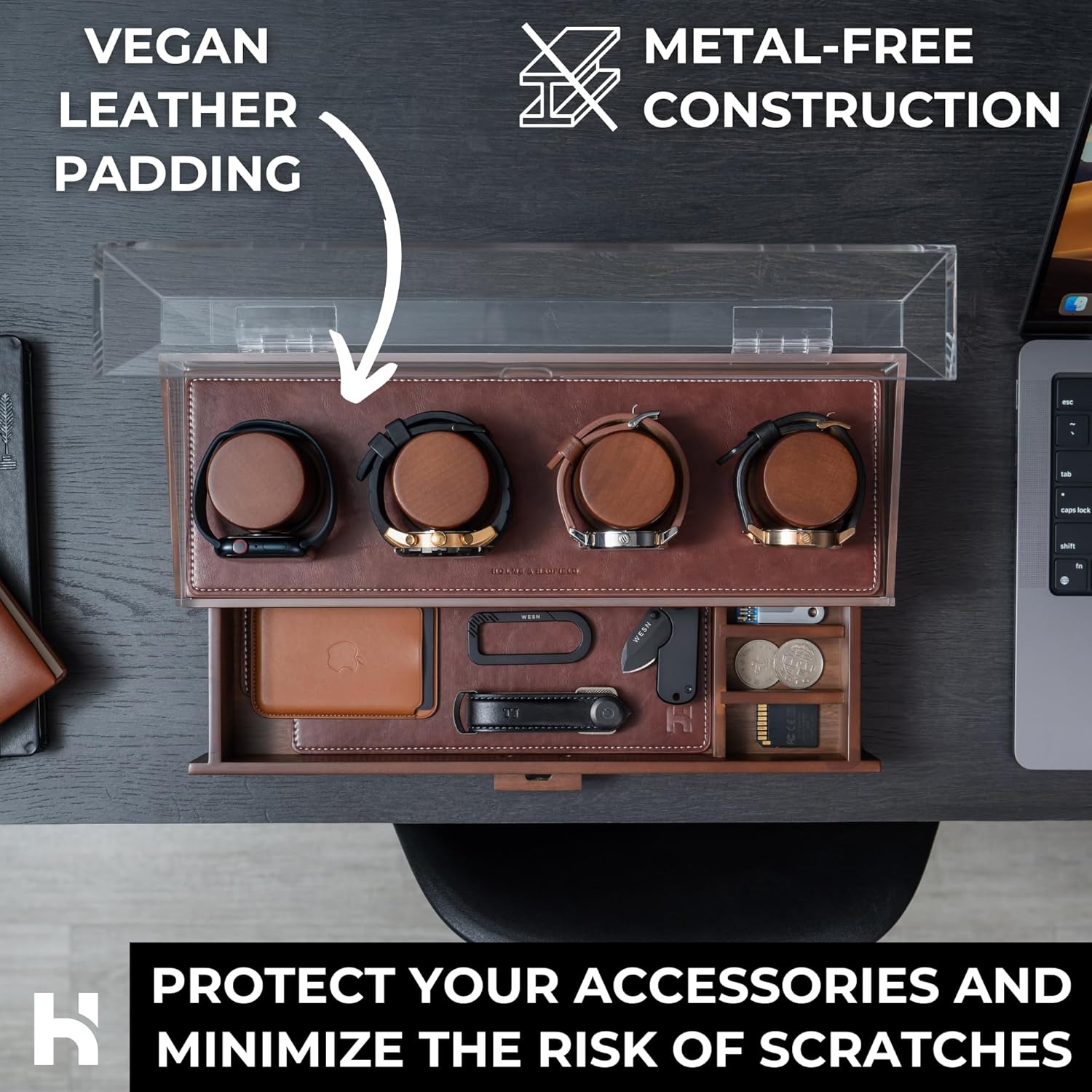 Premium 4 Slot Watch Box for Men - Wooden Watch Display Case with Hinged Cover, Leather Lining & Drawer - Watch Holder Organizer Stand - Handcrafted Luxury Christmas Gift for Men - Image 6