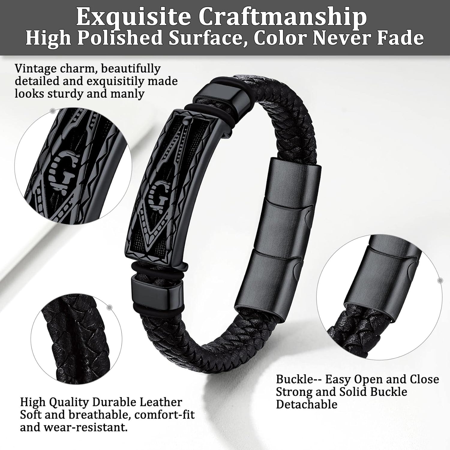 Bestyle Genuine Leather Braided Viking Bracelets for Men s, Vintage Thor's Hammer/Skull/Masonic Freemason Wrap Cuff Wirstband Bracelets with Magnetic Closure - Image 5