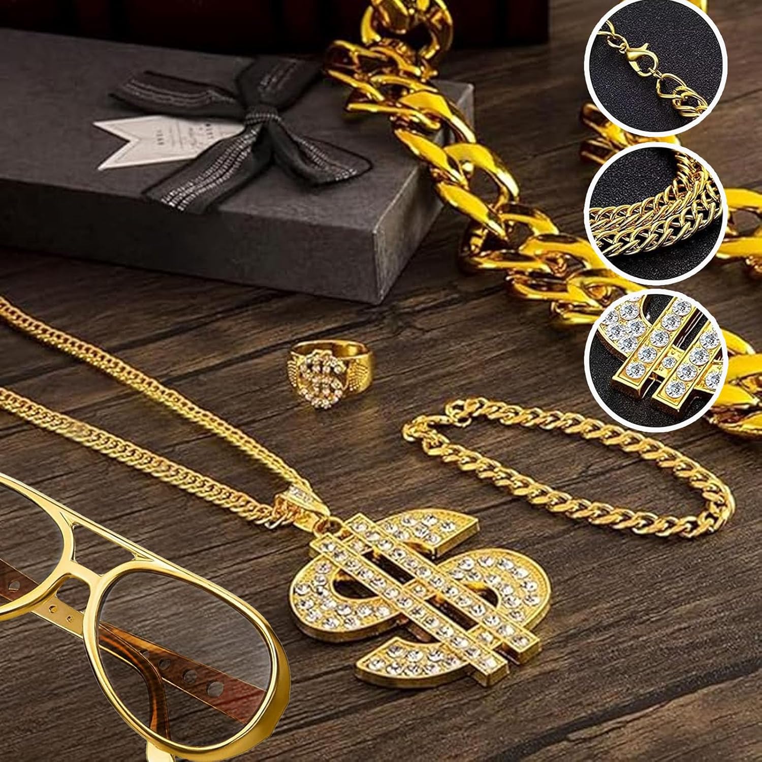 Gold Chains for Men,Vintage Inspired Hip Hop Costume Kit with Mens Gold Chain,Gold Ring,Bracelet and Glasses,Perfect for Parties & Carnivals - Image 3
