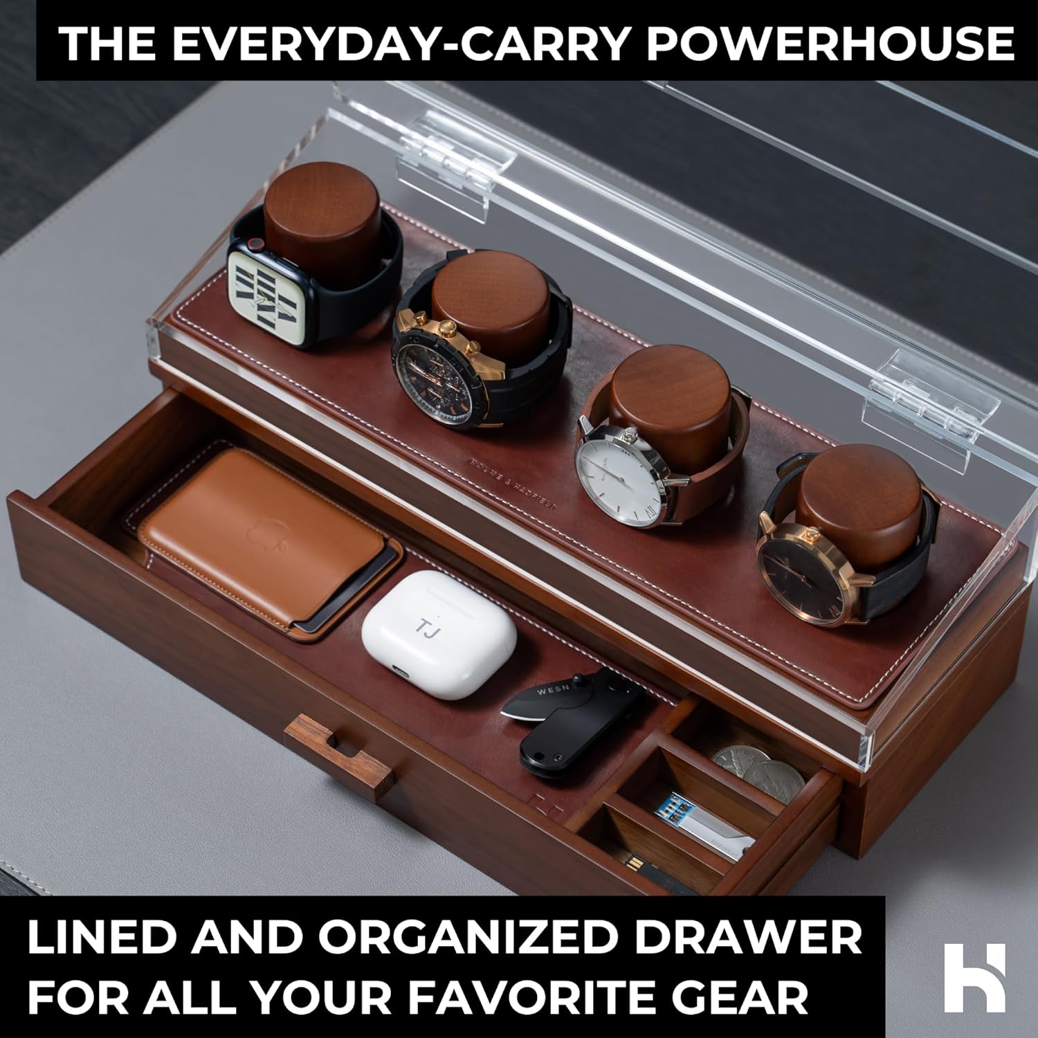 Premium 4 Slot Watch Box for Men - Wooden Watch Display Case with Hinged Cover, Leather Lining & Drawer - Watch Holder Organizer Stand - Handcrafted Luxury Christmas Gift for Men - Image 4