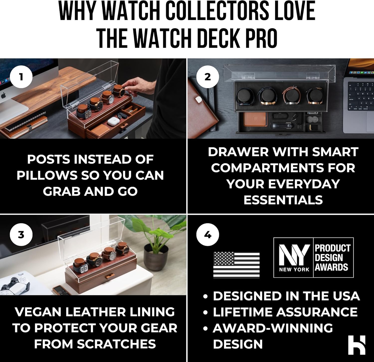 Premium 4 Slot Watch Box for Men - Wooden Watch Display Case with Hinged Cover, Leather Lining & Drawer - Watch Holder Organizer Stand - Handcrafted Luxury Christmas Gift for Men - Image 2