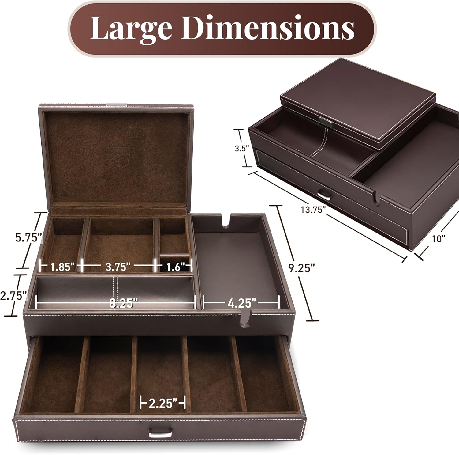 HOUNDSBAY Admiral Dresser Valet Box & Mens Jewelry Box Organizer with Large Smartphone Charging Station (Brown) - Image 8