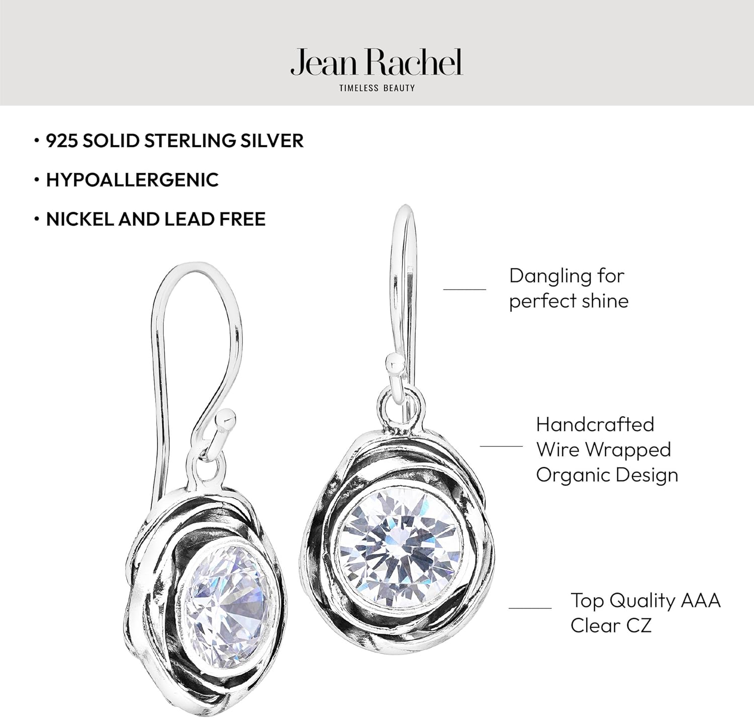 JEAN RACHEL JEWELRY 925 Sterling Silver Dangle Earrings for Women - Wire Wrap with Bezel Set Cubic Zirconia Vintage Design - Hypoallergenic, Lead & Nickel Free - Artisan Handcrafted Statement Earrings - Image 5