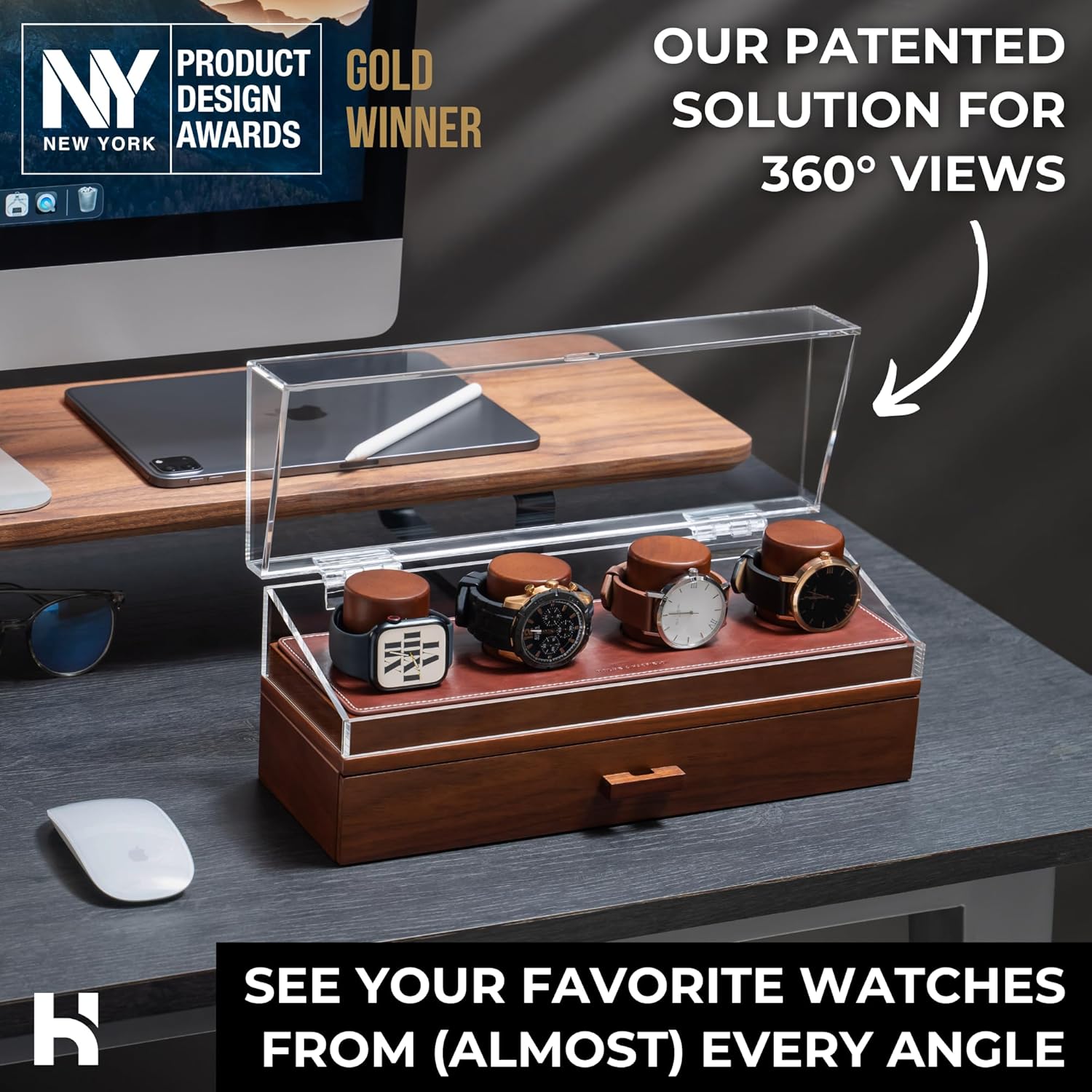 Premium 4 Slot Watch Box for Men - Wooden Watch Display Case with Hinged Cover, Leather Lining & Drawer - Watch Holder Organizer Stand - Handcrafted Luxury Christmas Gift for Men - Image 3