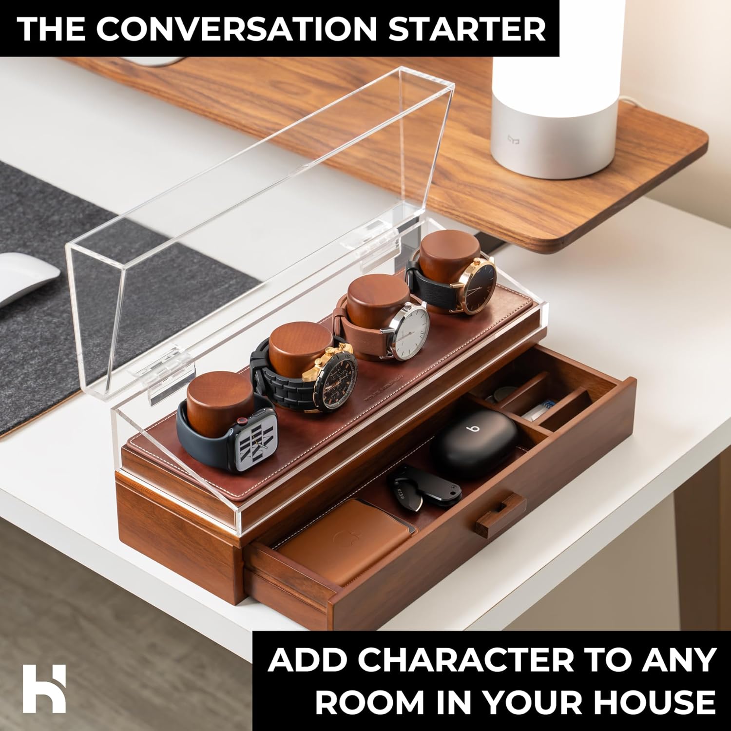 Premium 4 Slot Watch Box for Men - Wooden Watch Display Case with Hinged Cover, Leather Lining & Drawer - Watch Holder Organizer Stand - Handcrafted Luxury Christmas Gift for Men - Image 8