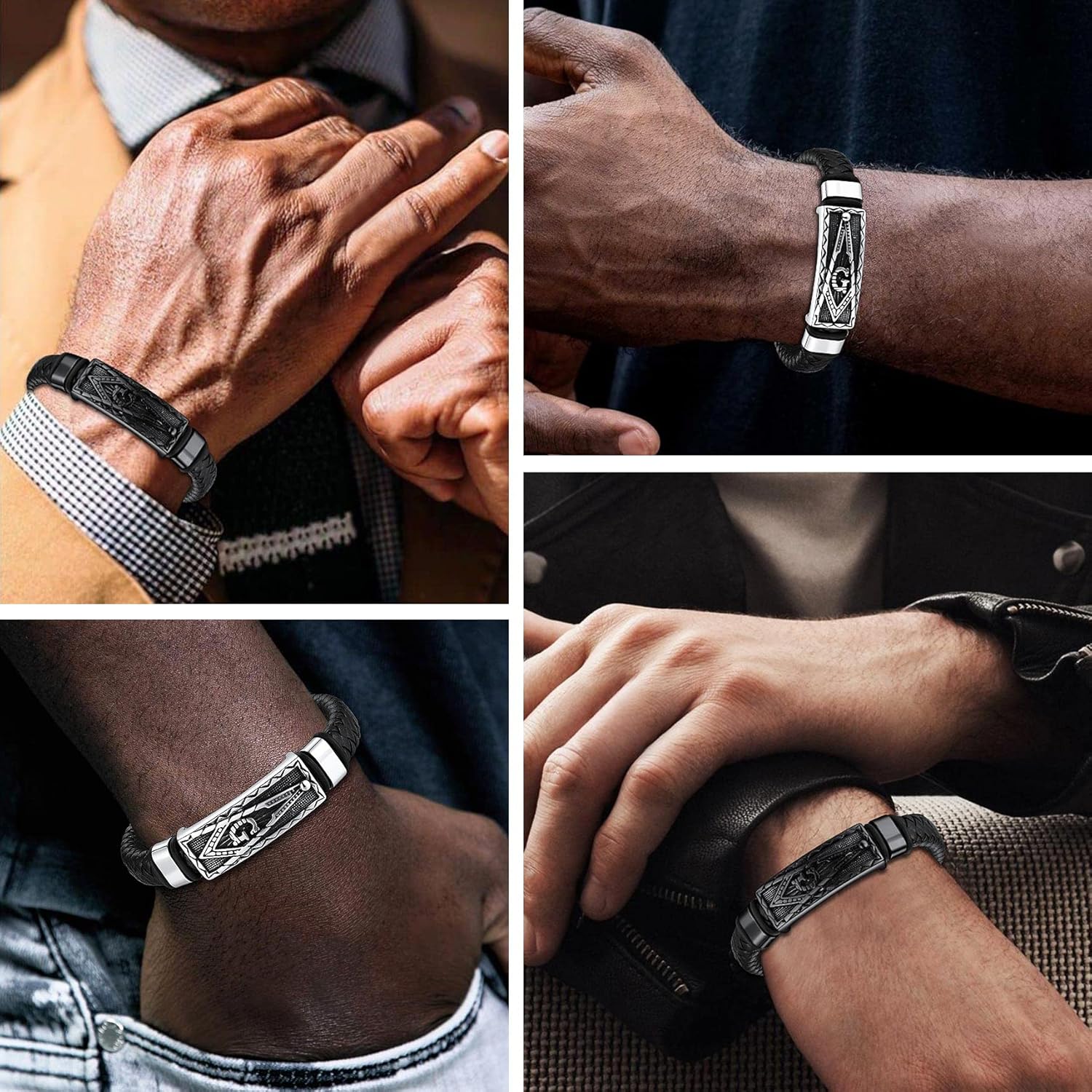 Bestyle Genuine Leather Braided Viking Bracelets for Men s, Vintage Thor's Hammer/Skull/Masonic Freemason Wrap Cuff Wirstband Bracelets with Magnetic Closure - Image 2