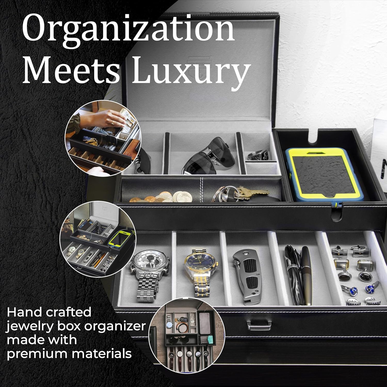 HOUNDSBAY Admiral Dresser Valet Box & Mens Jewelry Box Organizer with Large Smartphone Charging Station (Brown) - Image 5