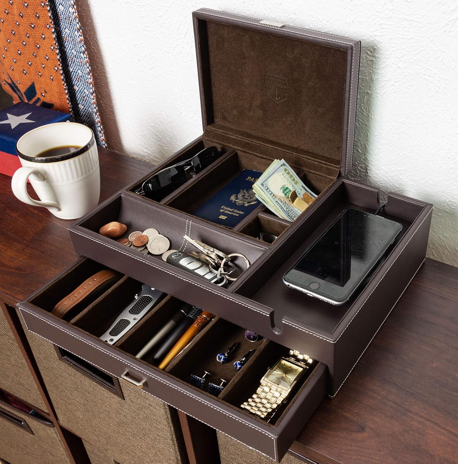 HOUNDSBAY Admiral Dresser Valet Box & Mens Jewelry Box Organizer with Large Smartphone Charging Station (Brown) - Image 7