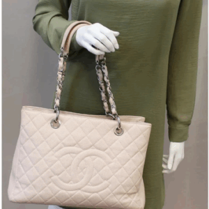 Authenticated Chanel Caviar Grand Shopping Tote Brown Light Beige Leather Bag