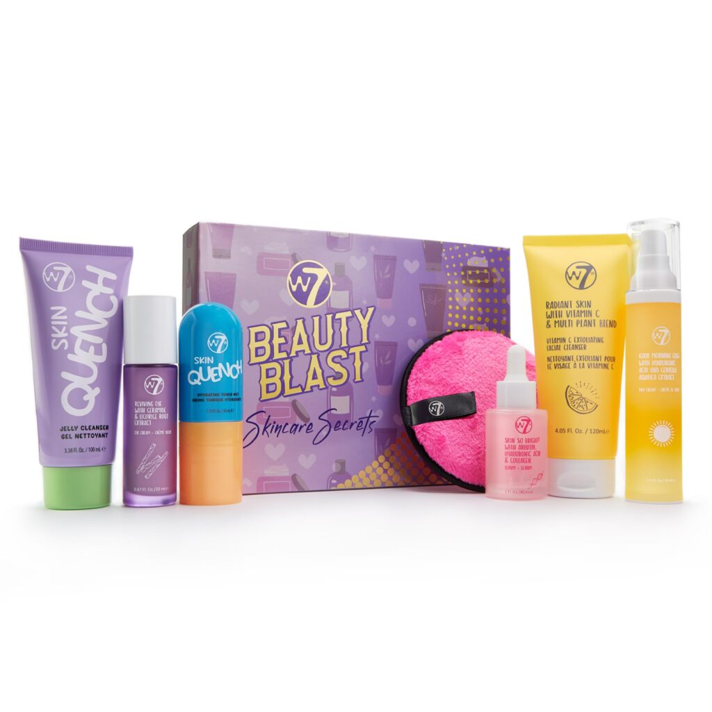 w7-beauty-blast-skincare-secrets-set-complete-full-size-skincare-routine-with-day-cream-serum-cleansers-toner-mist-eye-cream-and-makeup-remover-pad - Luxe Faves