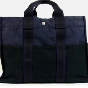 Hermes Foule MM Navy/Black  Bi color Canvas Tote Bag EC Authentic