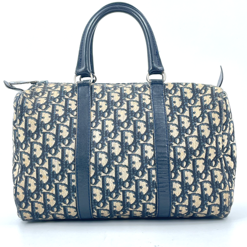 Auth CHRISTIAN DIOR Troutter Canvas Navy Boston Bag KB645