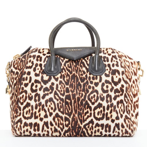 GIVENCHY Antigona brown leopard print calf skin silver logo top handle bag